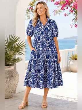 🌊✨ Boutique Anna Grace Blue & White Midi Dress  sz Large ✨🌊